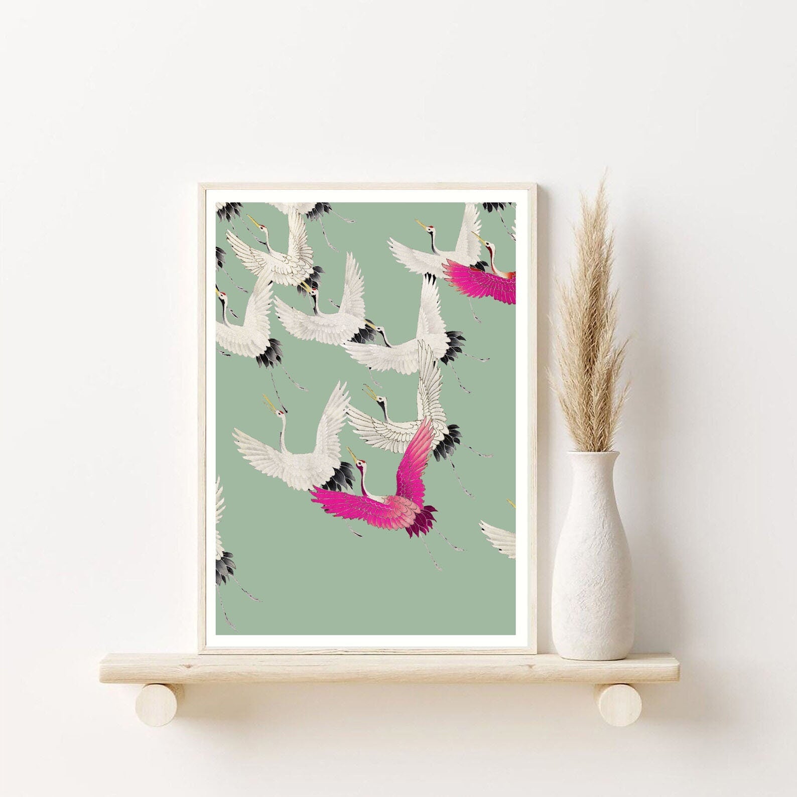 Flock of Japanese Royal Cranes, Ogata Korin, INSTANT art, vintage bird print, sage green wall decor, bird art, Japanese art