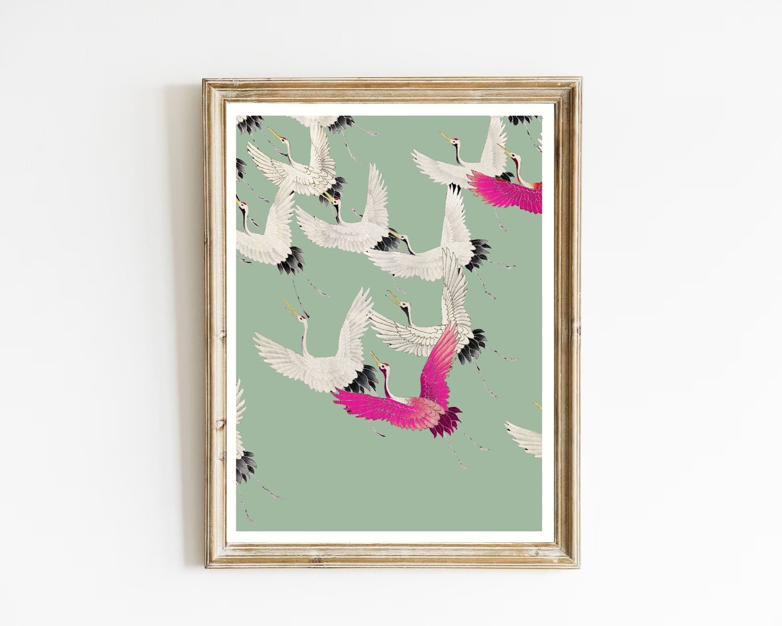 Flock of Japanese Royal Cranes, Ogata Korin, INSTANT art, vintage bird print, sage green wall decor, bird art, Japanese art