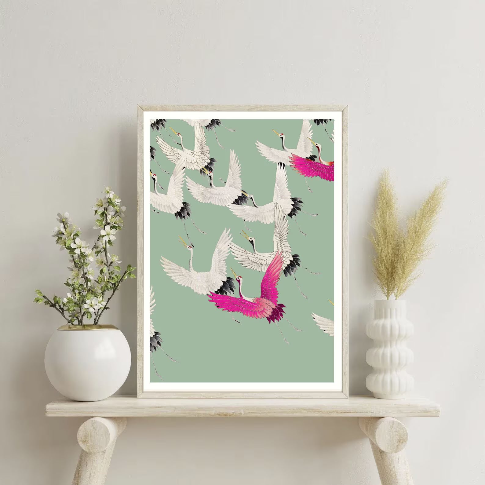 Flock of Japanese Royal Cranes, Ogata Korin, INSTANT art, vintage bird print, sage green wall decor, bird art, Japanese art