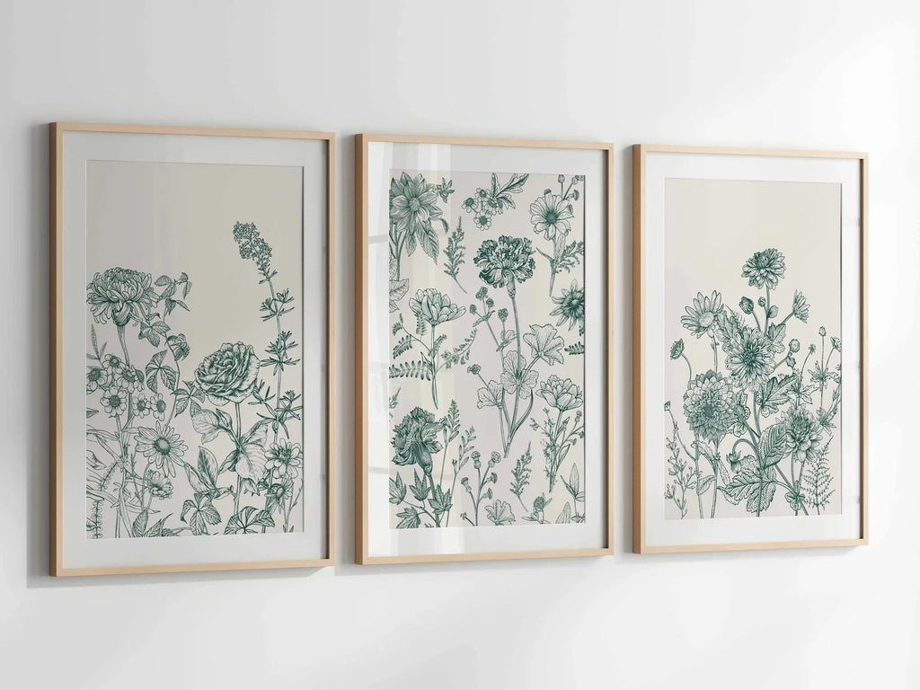 Green Botanical Wall Art Chinoiserie Wall Art, 3 Piece Wall Decor Minimalist Wall Art, Botanical Print Set, Printable Wall Art Digital Ar