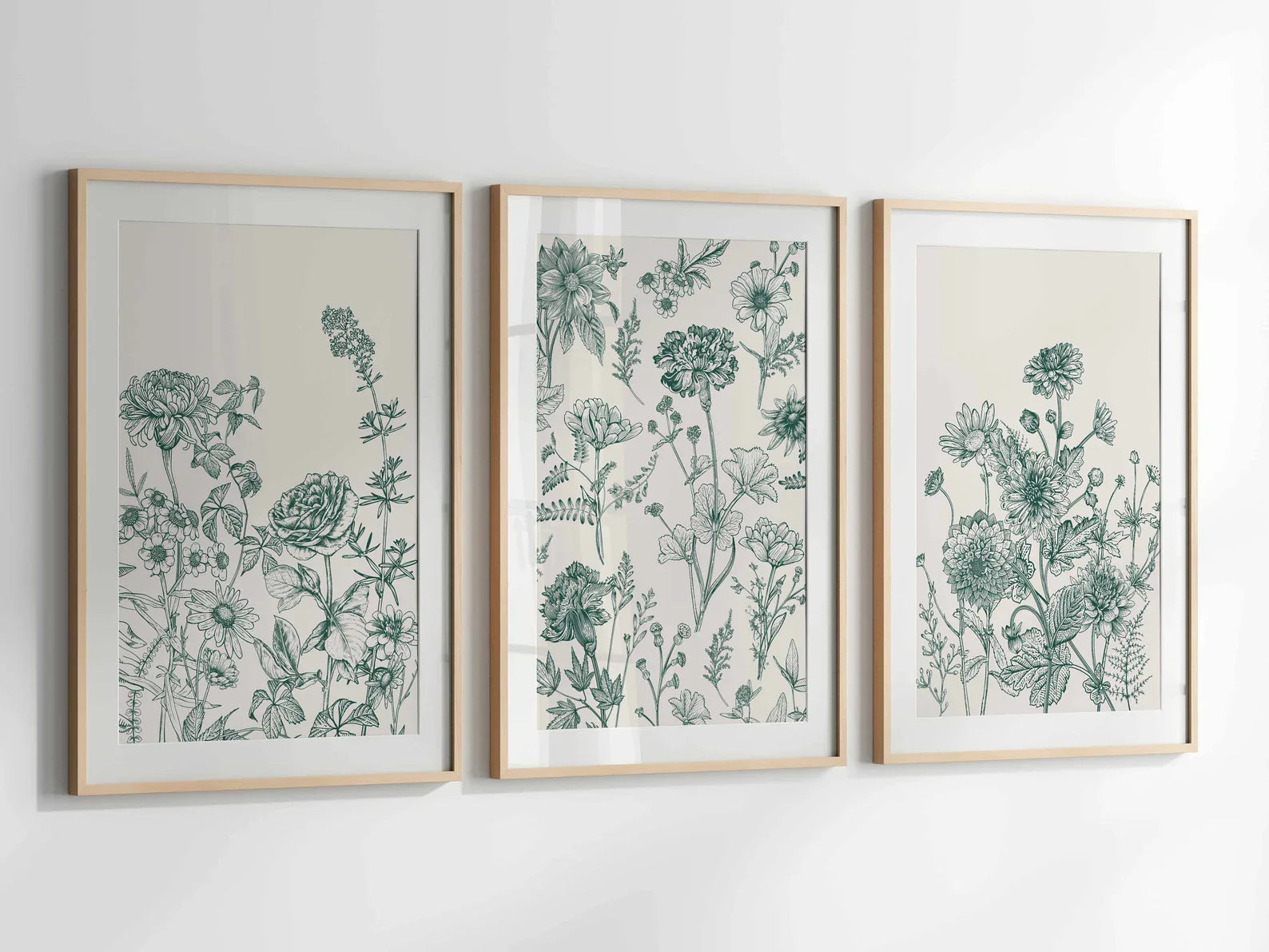Green Botanical Wall Art Chinoiserie Wall Art, 3 Piece Wall Decor Minimalist Wall Art, Botanical Print Set, Printable Wall Art Digital Ar