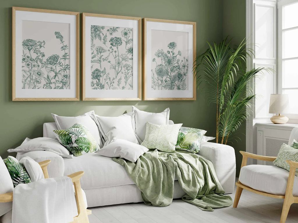 Green Botanical Wall Art Chinoiserie Wall Art, 3 Piece Wall Decor Minimalist Wall Art, Botanical Print Set, Printable Wall Art Digital Ar