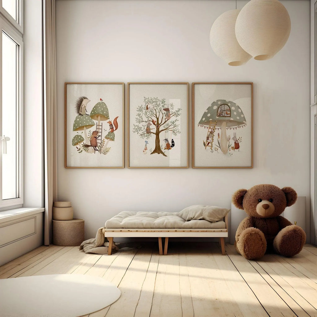 Set of Three Whimsical Art Prints, Woodland Animals Wall Art For Kids, Sage Green Nursery Wall Art, Tree &amp; Mushroom Print Nursery
